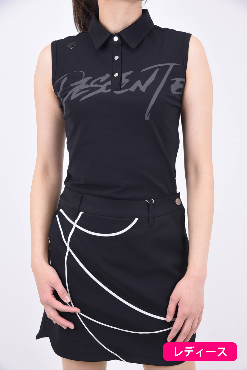 Descente Golf 書道家 万美コラボ ソロテックス鹿の子 スリーブレスシャツ ブラック レディース Gossip Golf Descente Golf 書道家 万美コラボ ソロテックス鹿の子 スリーブレスシャツ ブラック レディース Gossip Golf